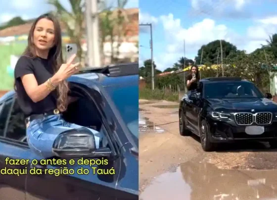 Prefeita de Umbaúba, Juliana Cardoso (Republicanos), transitando na janela de um carro de luxo em povoado do município