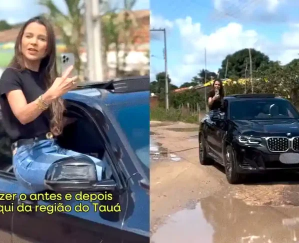 Prefeita de Umbaúba, Juliana Cardoso (Republicanos), transitando na janela de um carro de luxo em povoado do município
